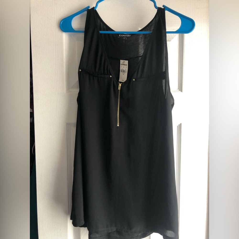 NWT EXPRESS Black Tank V Neck Gold Zipper Large